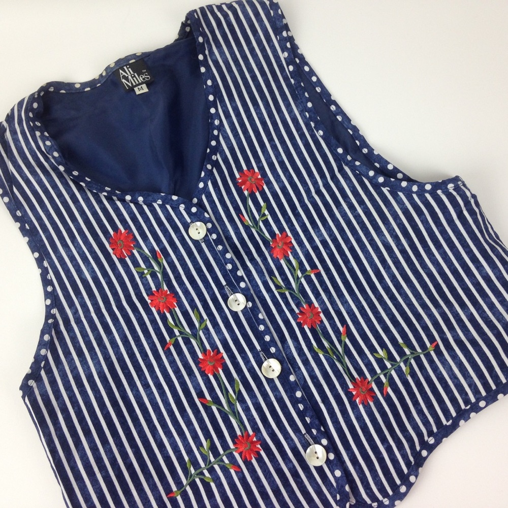 Vintage Boho polka dot striped Floral vest size M